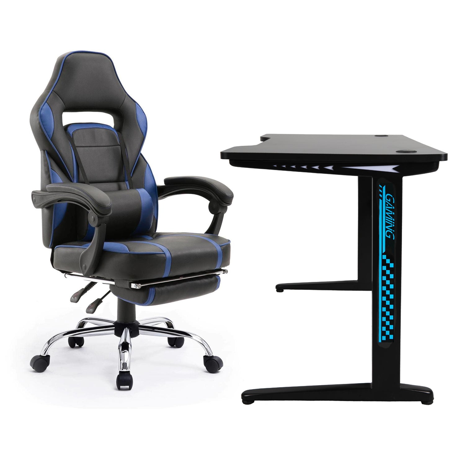 GHOST - Ensemble Chaise de Gamer avec Repose-pieds et Bureau Led Droit