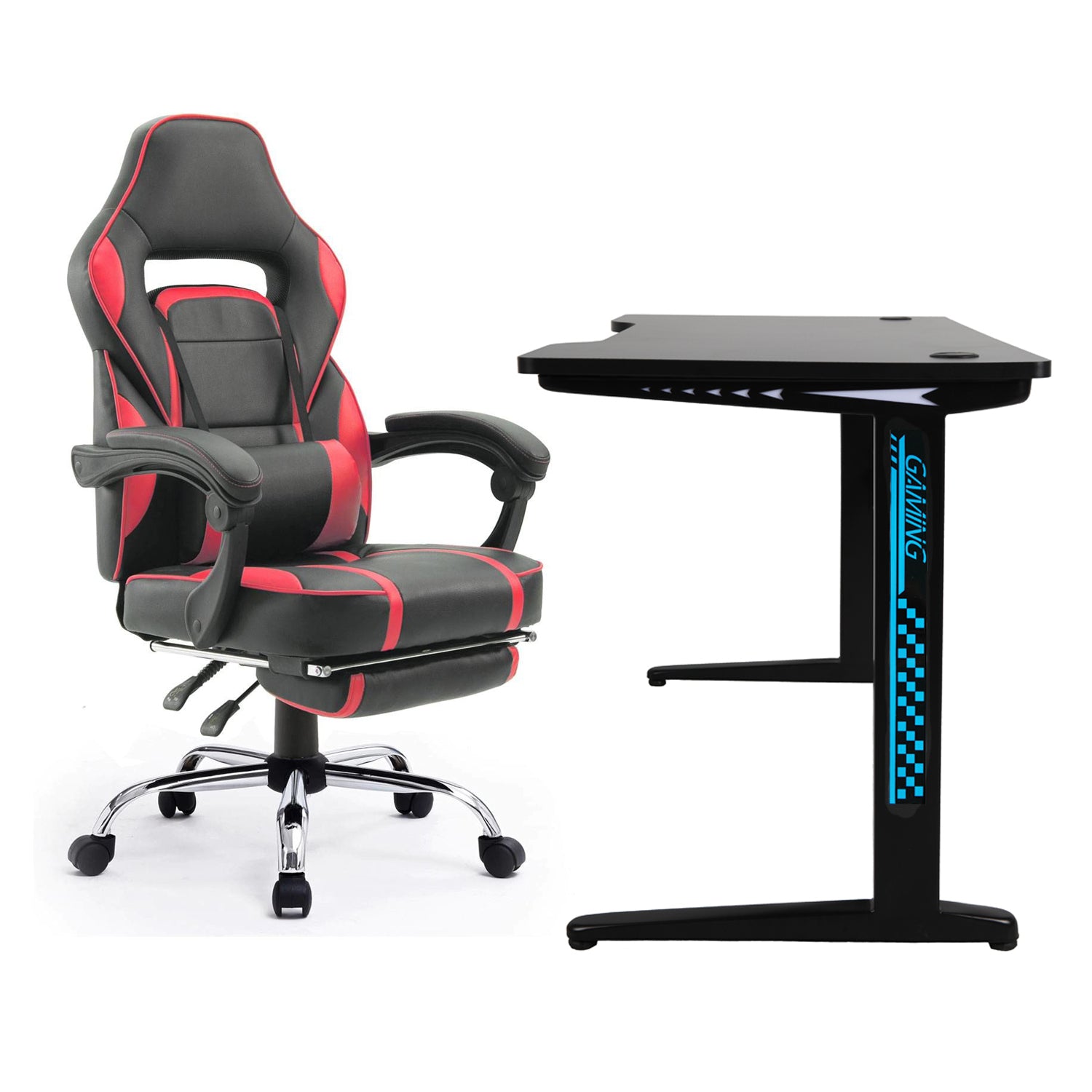 GHOST - Ensemble Chaise de Gamer avec Repose-pieds et Bureau Led Droit