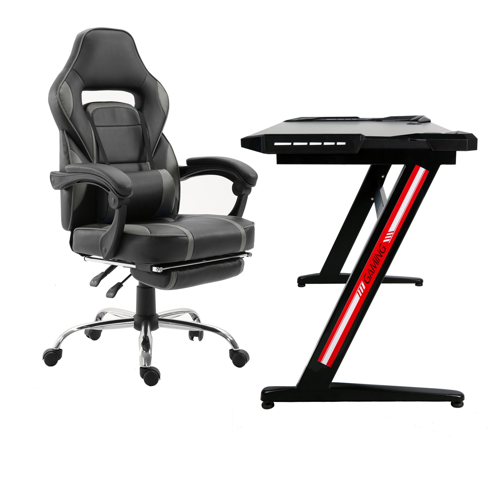 GHOST - Ensemble Chaise de Gamer avec Repose-pieds et Bureau Led Incliné