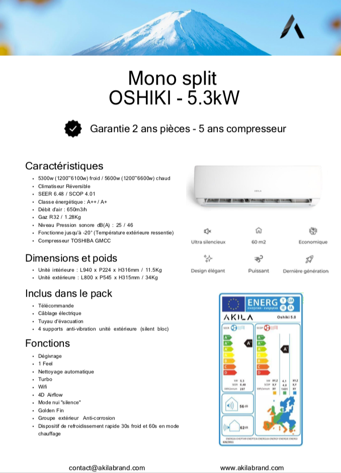 OSHIKI - Climatiseur réversible - Mono split - 5300W