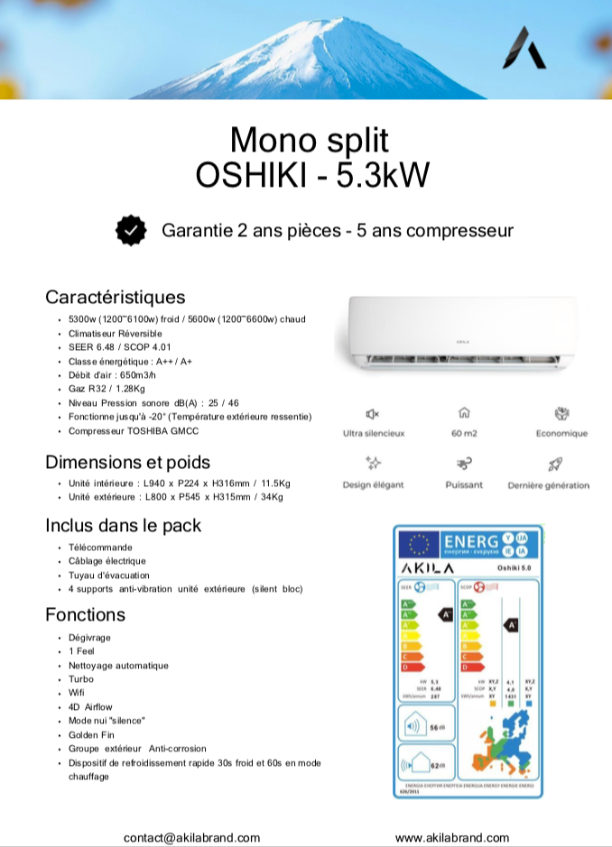 OSHIKI - Climatiseur réversible  - Mono split - 5300W