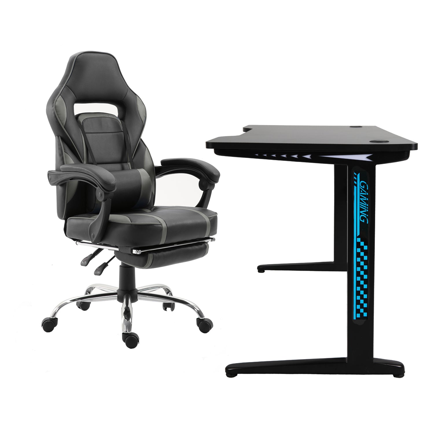 GHOST - Ensemble Chaise de Gamer avec Repose-pieds et Bureau Led Droit