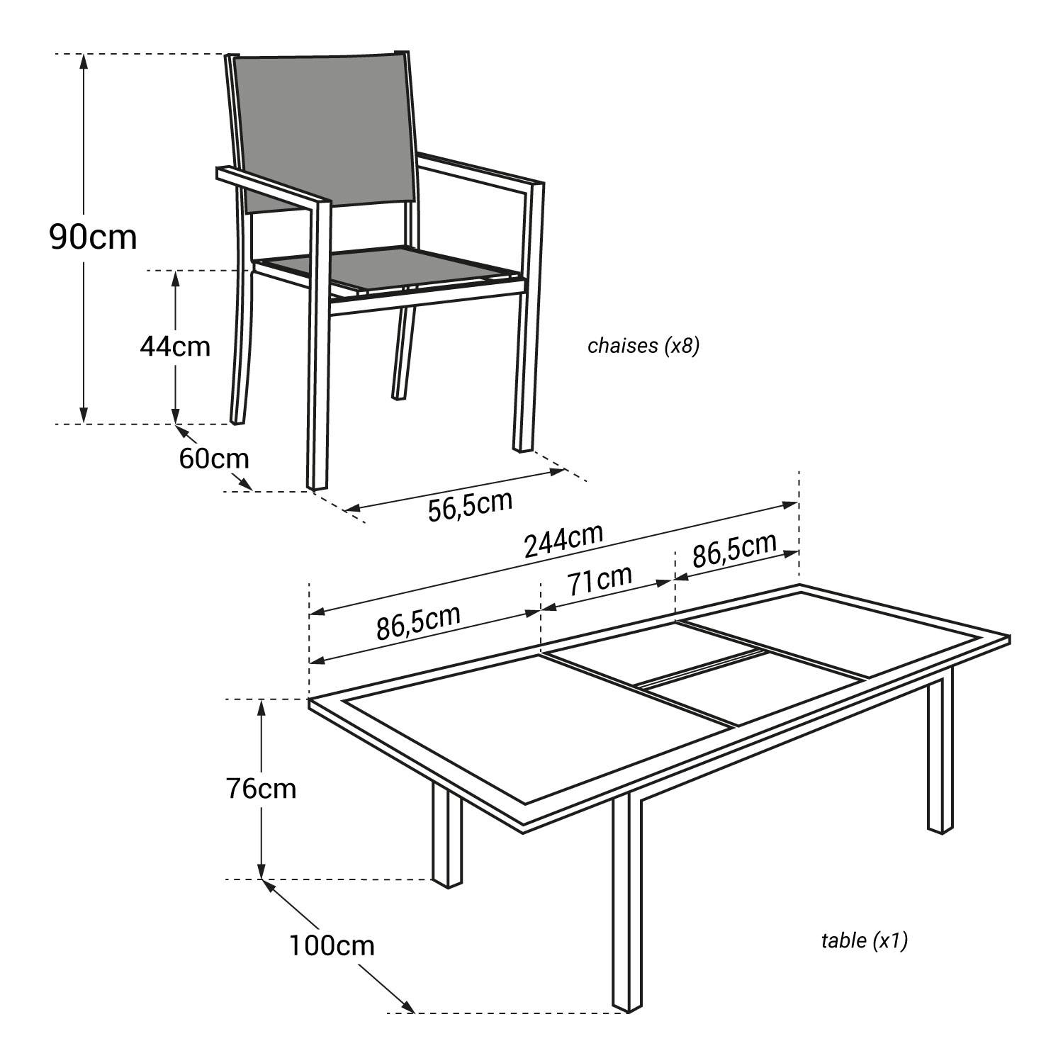 KAUAI - Ensemble Table et Chaises d'Extérieur - Rallonge 173 à 244 cm - 8 Places