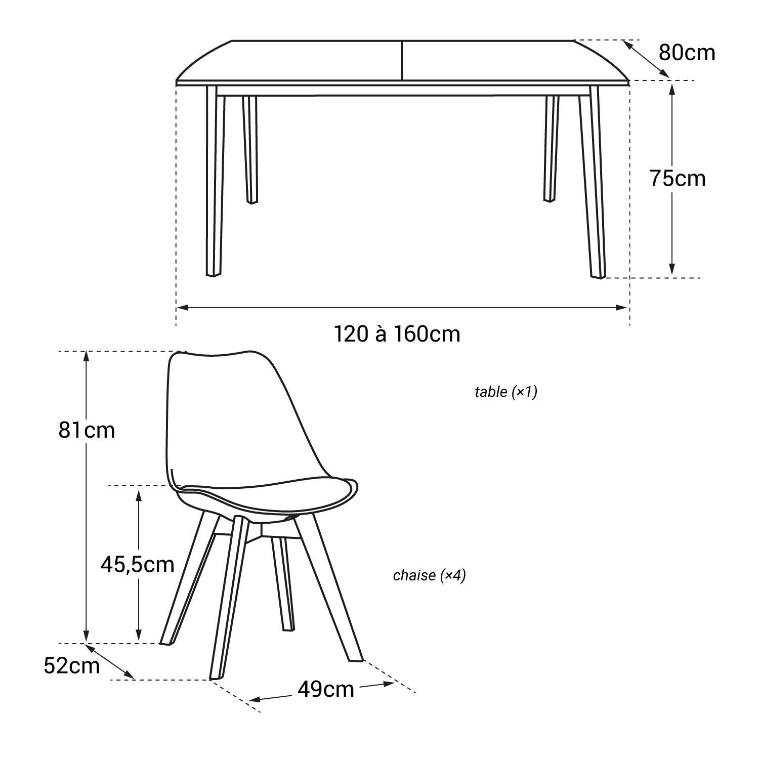 SENJA - Ensemble Table Extensible 120/160 x 80 CM et Chaises Scandinaves