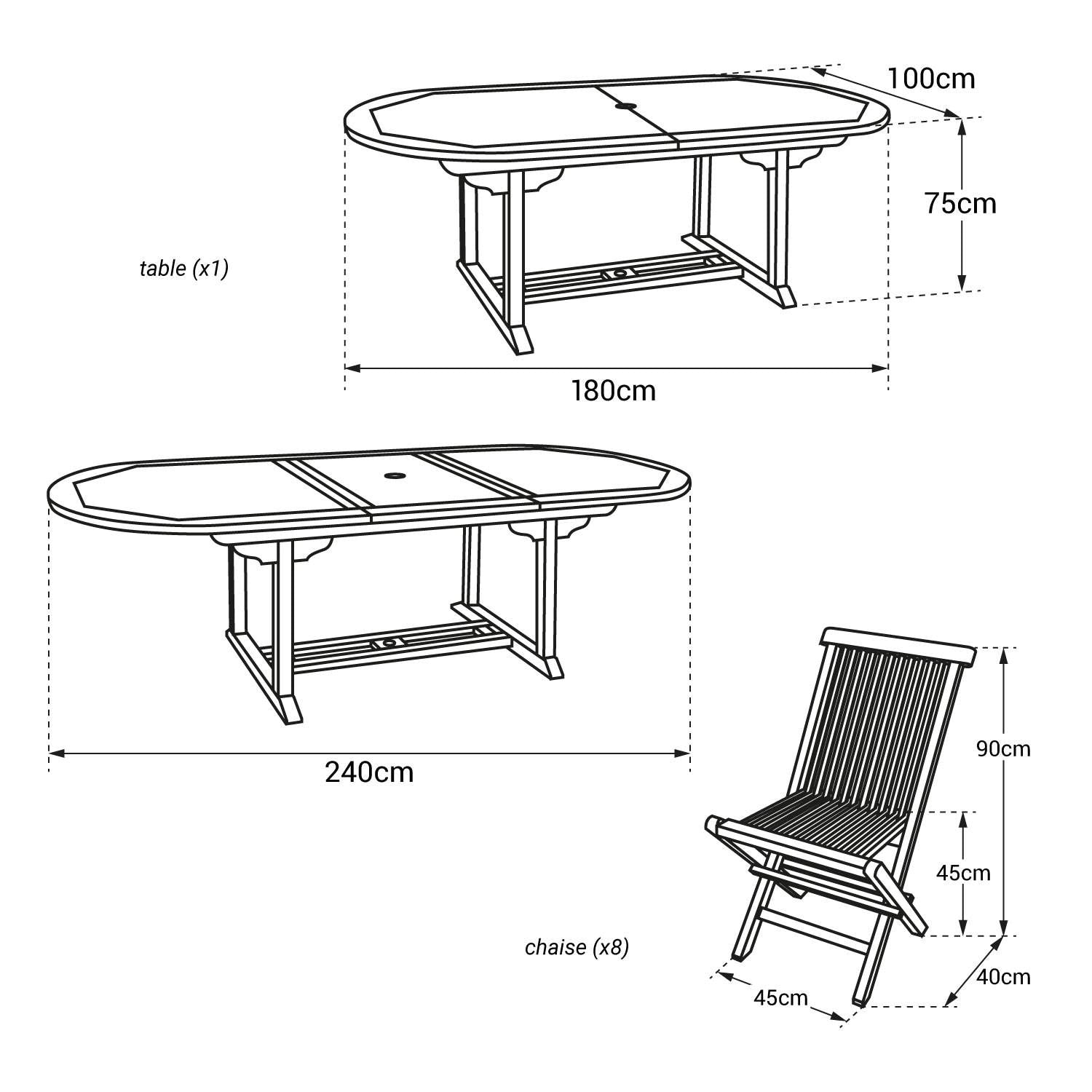 SALENTO - Conjunto de mesa extensible ovalada de jardín y sillas plegables de teca