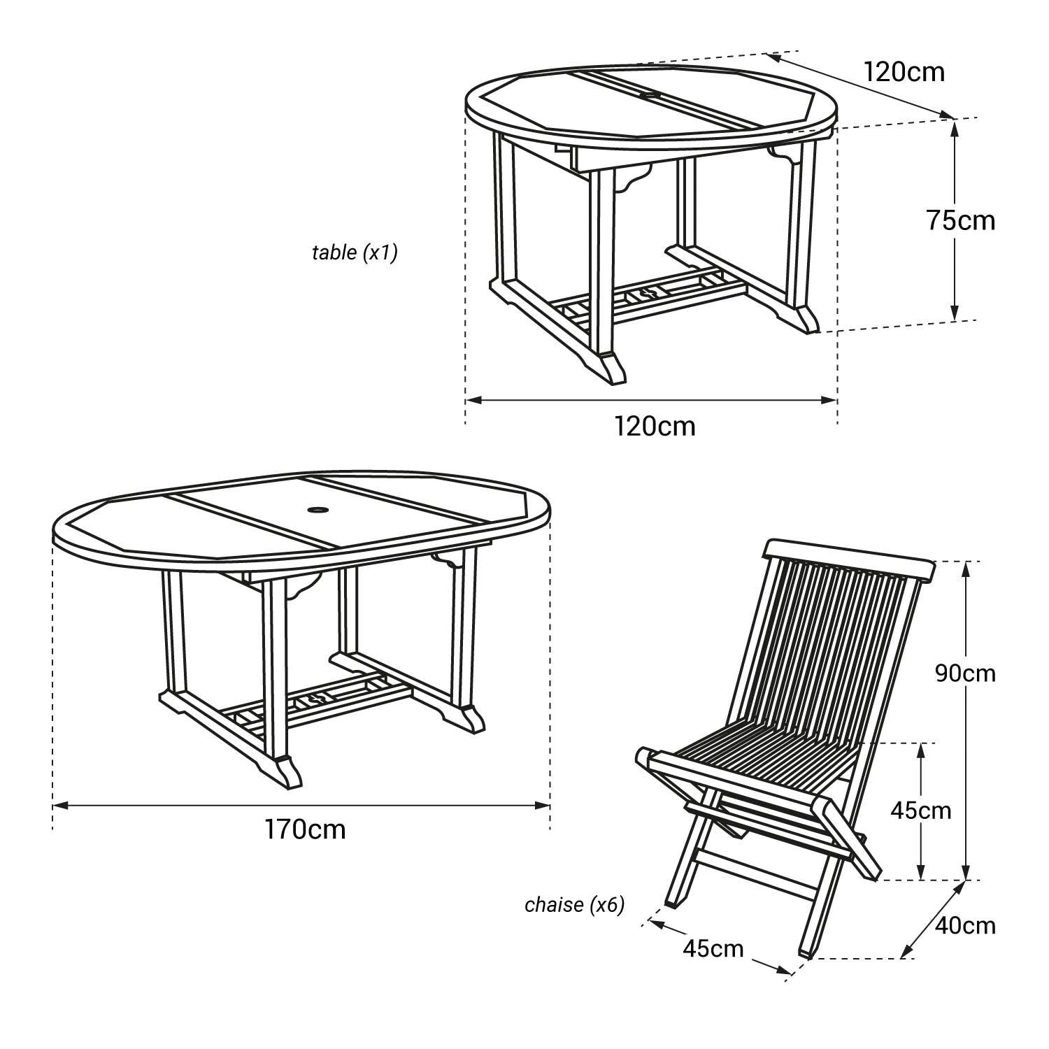 SALENTO - Conjunto de mesa extensible redonda de jardín y sillas plegables de teca